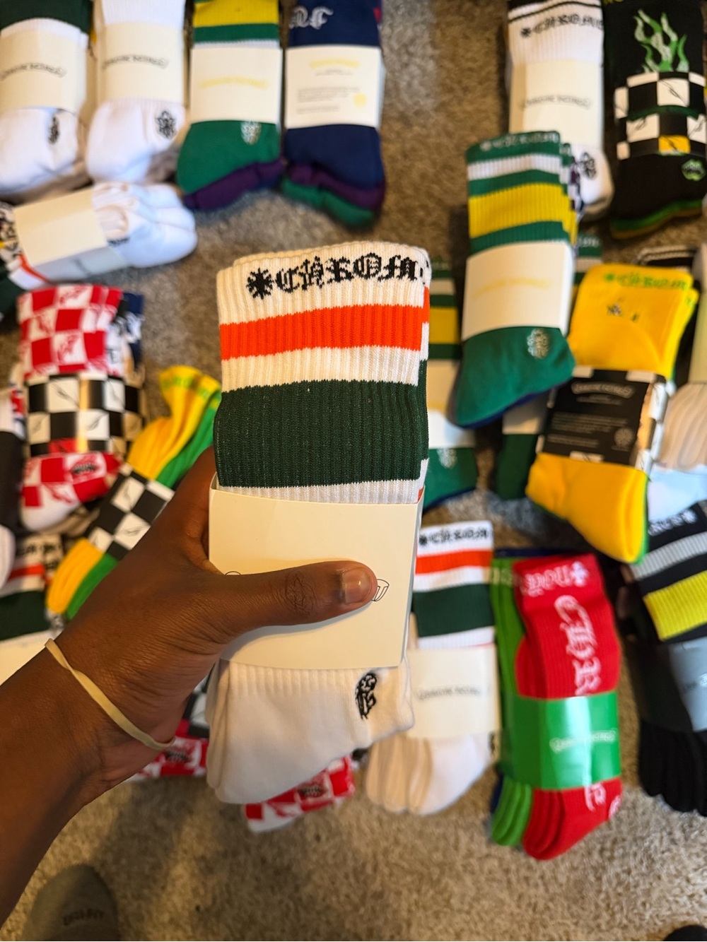 Chrome Hearts White, Green & Orange Striped Crew Socks